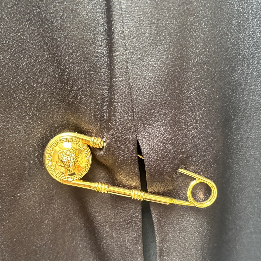 Versace Black Satin iconic Gold Safety Pin Brooch Dress $1800